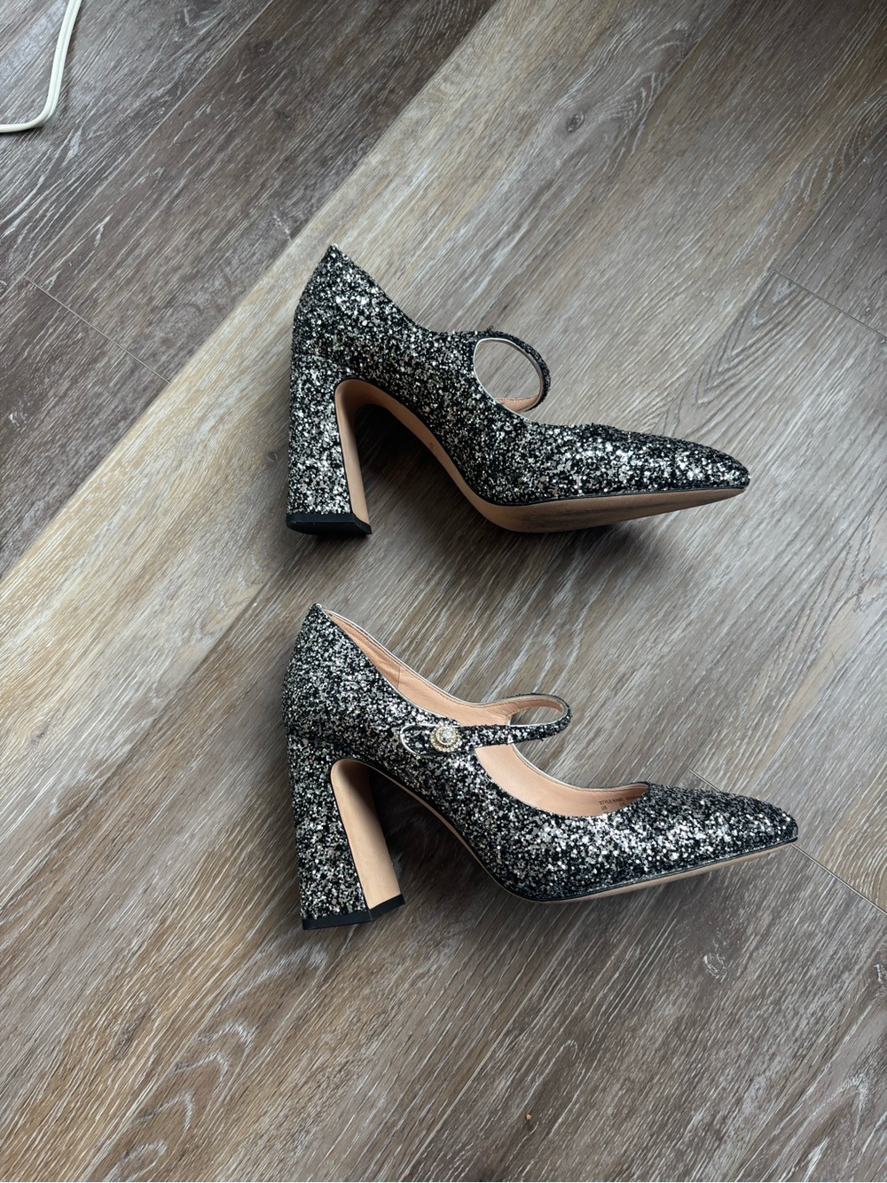 kate spade Black Silver Glitter Mary Jane Block Heels